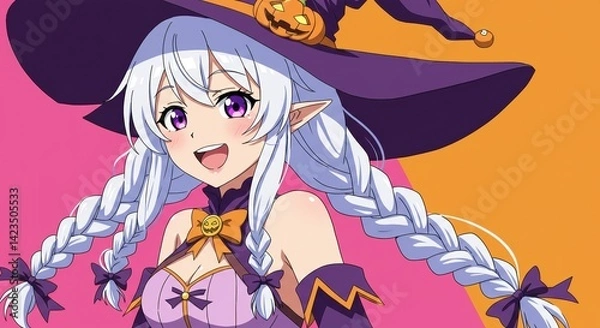 Fototapeta ハロウィーンの魔女の衣装を着た幸せな女の子, 漫画のスタイル