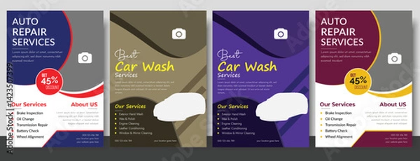 Obraz Modern Car Wash Flyer  Auto Detailing, Car Rental, Service Price List and Poster Templates. Car wash flyer and banner template bundle. Car Wash Service Post Template Flat Design Illustration.
