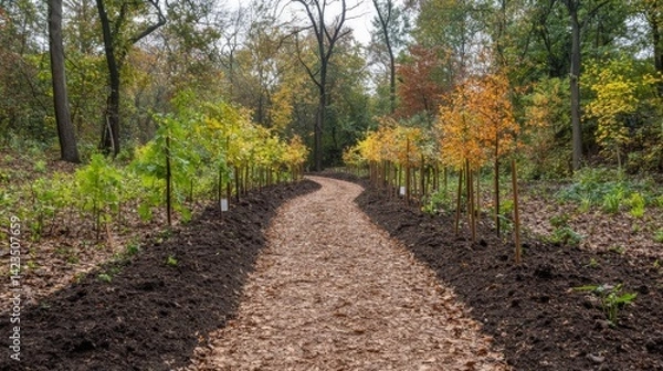 Fototapeta A forest path lined with young saplings, freshly planted in orderly rows, highlighting the harmony of human intervention in natural restoration