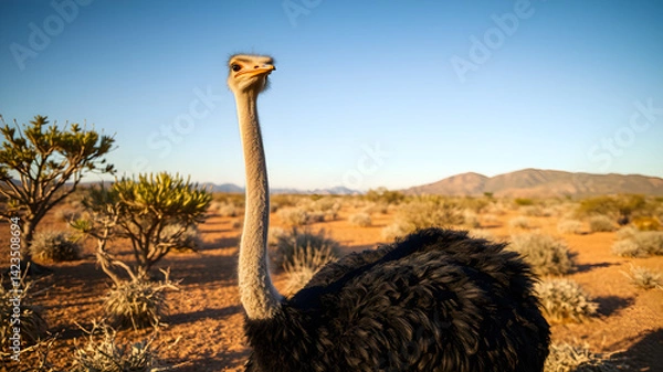 Fototapeta Ostrich bird in the baking hot karoo in South Africa Generative AI