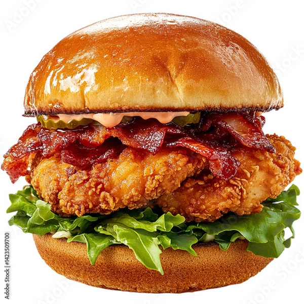Fototapeta Crispy chicken burger with bacon and pickles delicious food photography for restaurant and menu ads design on transparent background