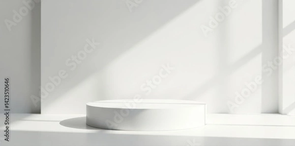 Fototapeta Gleaming white podiums bathed in sunlight, subtle shadow, ideal product presentation, photo, white background