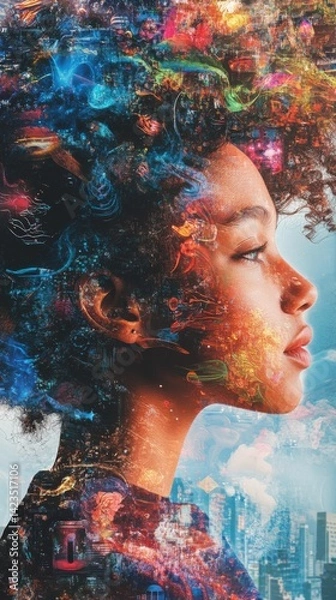 Fototapeta Portrait of a woman with vibrant, colorful hair blending with a cityscape in the background