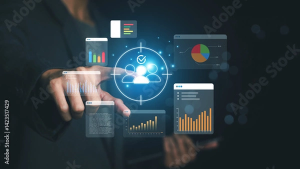 Fototapeta Know your customer (KYC) concept. Finding the target audience of a business, Digital marketing strategy and audience targeting concept.  customer engagement insights, digital marketing online.