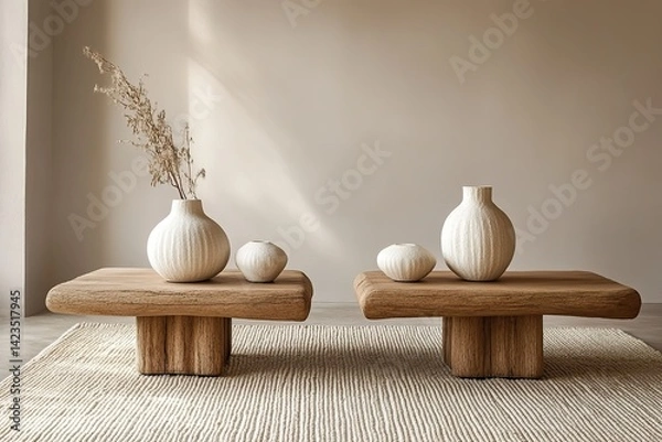 Fototapeta living room with wooden furniture, A minimalist setting and white vases, set against an abstract beige wall with a textured pattern
