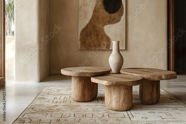 Fototapeta wooden chair in the room ，A minimalist setting and white vases, set against an abstract beige wall with a textured pattern