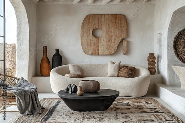 Fototapeta interior of a hotel room，A minimalist setting and white vases, set against an abstract beige wall with a textured pattern
