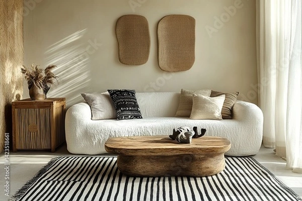 Fototapeta living room interior with sofa，A minimalist setting and white vases, set against an abstract beige wall with a textured pattern