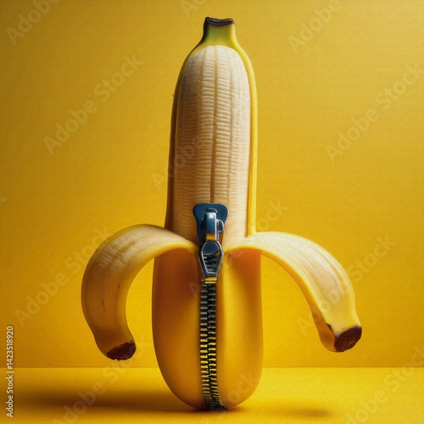 Obraz oil painting style banana with a zipper in yellow background illustration