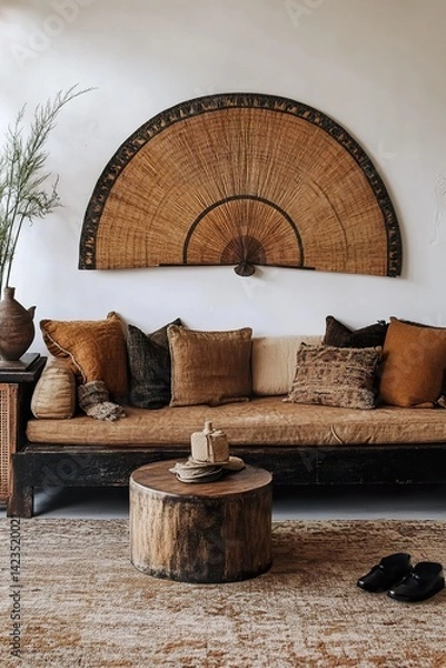 Fototapeta living room with wooden furniture，A minimalist setting and white vases, set against an abstract beige wall with a textured pattern