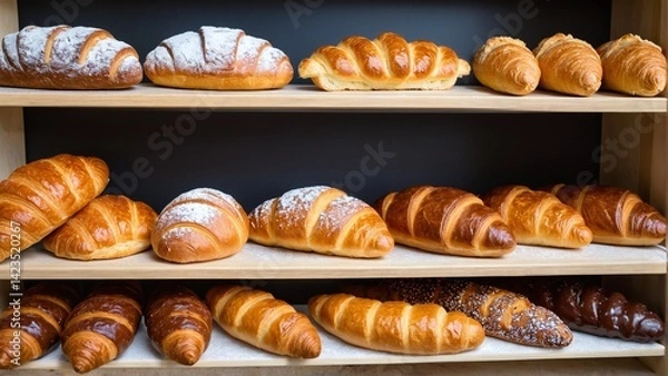 Obraz A Delightful Display of Baked Goods: Fresh Loaves, Flaky Croissants, and Powdered Breads on Wooden Shelves.
