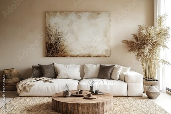 Fototapeta modern living room with sofa，A minimalist setting and white vases, set against an abstract beige wall with a textured pattern
