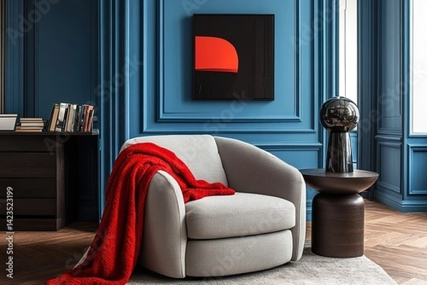 Fototapeta classic living room，The chair has armrests made from luxurious leather fabric, brass legs, and an octagonal wood side table, with warm tones, traditional elements, and soft lighting.