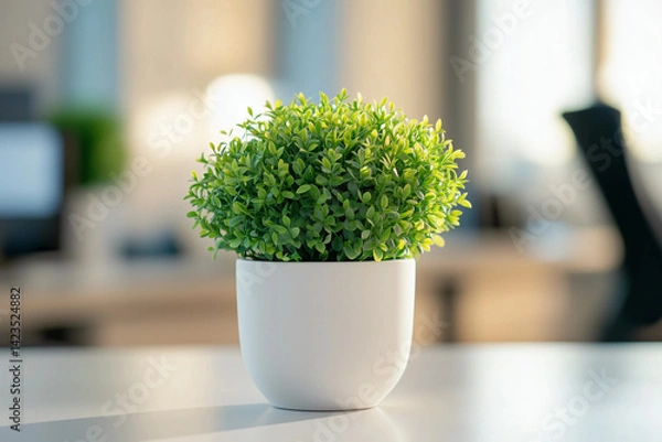 Fototapeta A green potted plant in a white pot on a desk, enhancing the office environment with a natural touch and a clean, modern aesthetic.