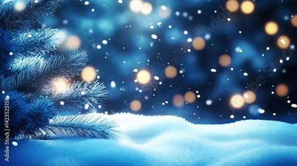 Obraz Winter Wonderland Snowy Branches, Sparkling Lights, Festive Night