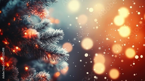 Fototapeta Frosted Christmas Tree Branch with Warm Lights and Festive Bokeh