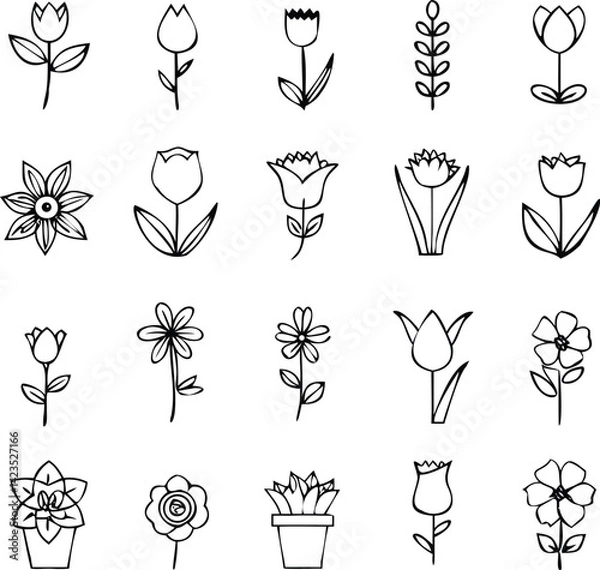 Fototapeta Floral Line Icon Set | Tulip, Bouquet, Botanical Elements & Nature Vector Pack
