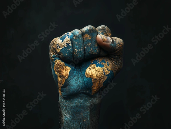 Fototapeta A clenched fist painted with a world map, symbolizing global unity, power, and labor rights on Labor Day.