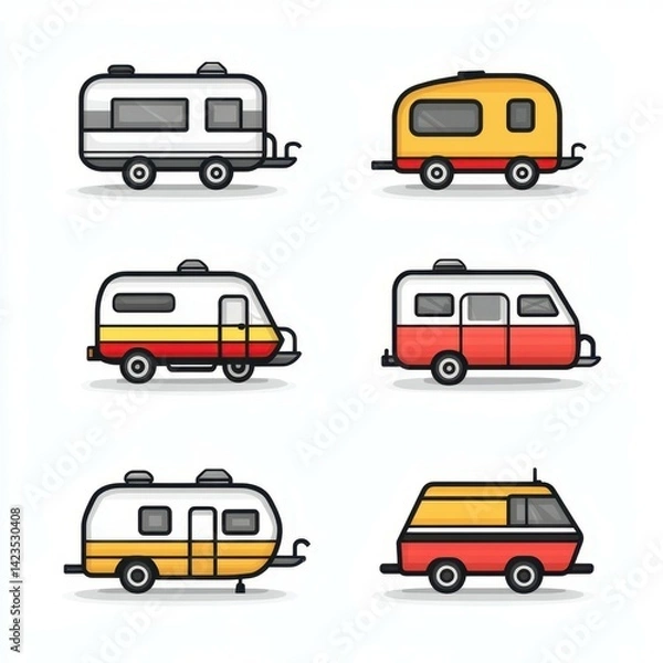 Fototapeta Various vintage campers and trailers arranged in a colorful design showcasing recreational vehicles