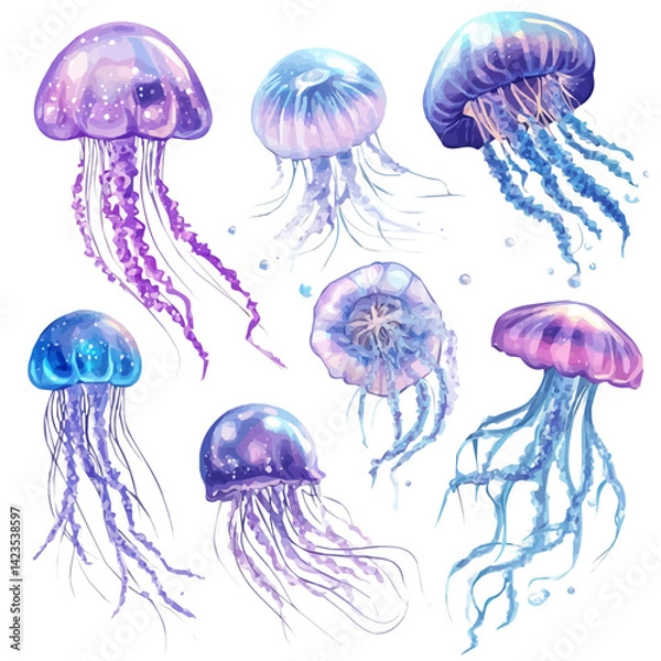 Obraz A Very Simple flat 2D icon of a Collection of jellyfish elements isolated on a transparent background, vector, flat design, simple flat 2D icon, eps format