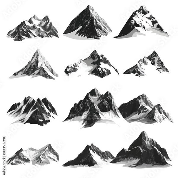 Obraz A Very Simple flat 2D icon of a Collection of mountain peak elements isolated on a transparent background, vector, flat design, simple flat 2D icon, eps format