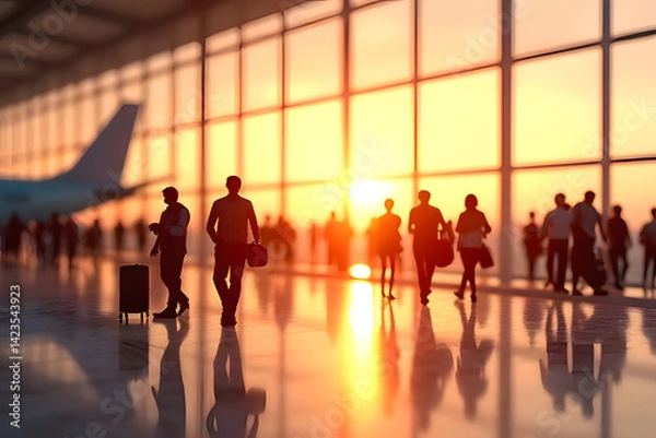 Fototapeta Tourists at the airport, ready to travel, tour or do various business all day long