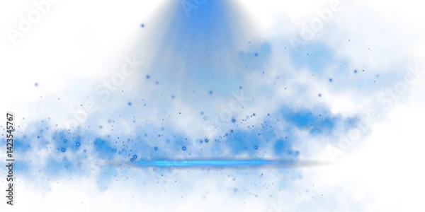 Fototapeta A glowing blue spotlight illuminates a misty atmosphere with sparkling particles, evoking a cosmic feel.