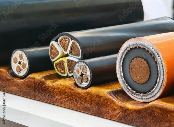 Obraz Detailed view of various electric cables on display at a construction trade show in the afternoon