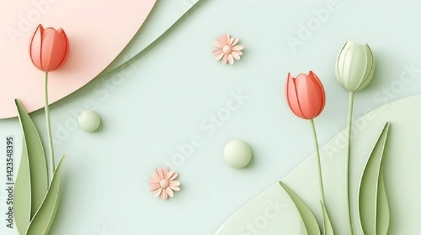 Fototapeta Minimal Pastel Tulip and Daisy Abstract Illustration – Soft Floral Paper Art Background with Gentle Curves for Spring, Mother's Day, or May Themes.