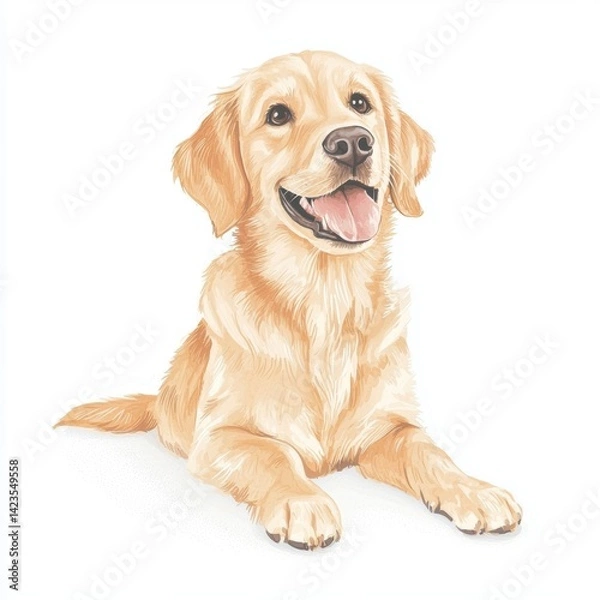 Fototapeta A cheerful golden retriever illustration, resting with a joyful expression, showcasing its friendly and playful nature.
