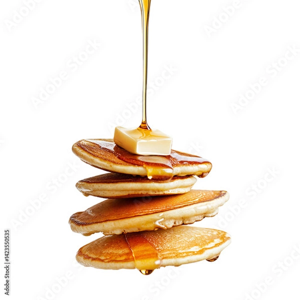Fototapeta Stack of fluffy pancakes with butter and syrup dripping down isolated on transparent background
