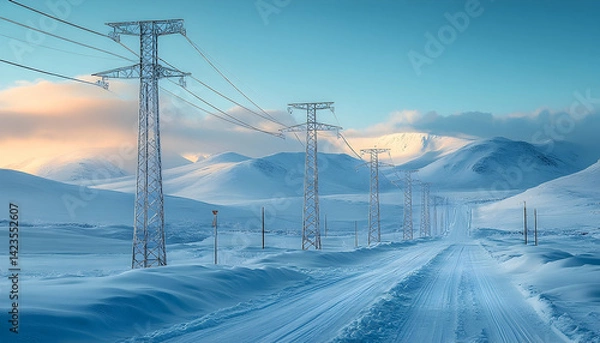 Fototapeta Snowy mountain road with power lines winter landscape