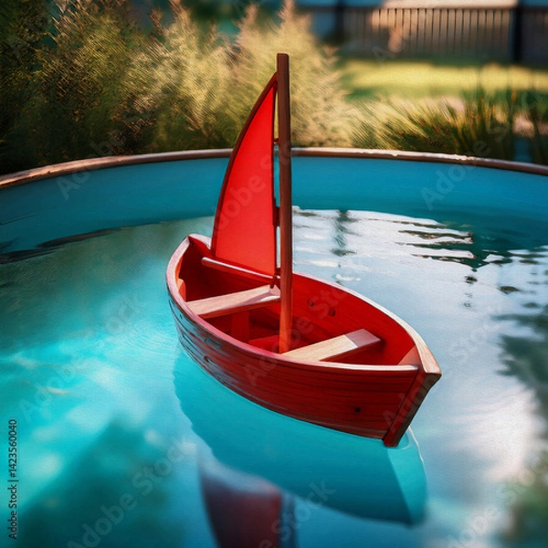 Obraz  oil painting style red wooden children's boat is sailing in a small children's pool illustration