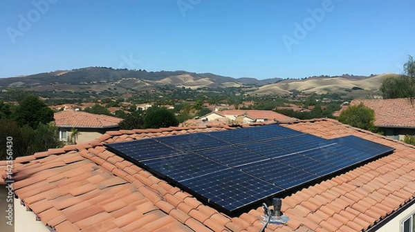 Fototapeta Solar panels installed on a rooftop with scenic hills and houses in the background