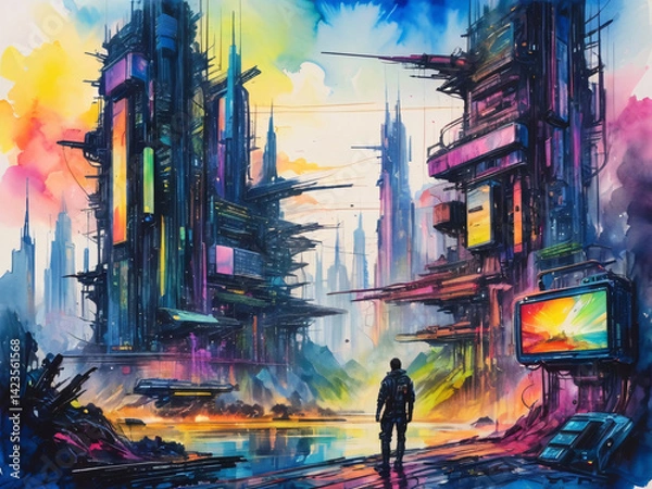 Obraz Utopian Paradise of the Future City - Cyberpunk Neon Retrowave Colors Cityscape