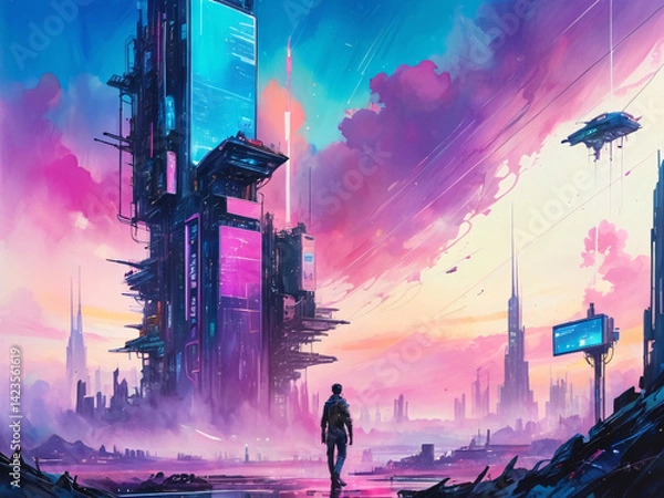 Obraz Utopian Paradise of the Future City - Cyberpunk Neon Retrowave Colors Cityscape