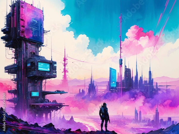 Obraz Utopian Paradise of the Future City - Cyberpunk Neon Retrowave Colors Cityscape