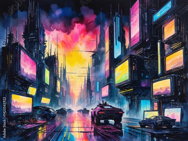 Obraz Utopian Paradise of the Future City - Cyberpunk Neon Retrowave Colors Cityscape