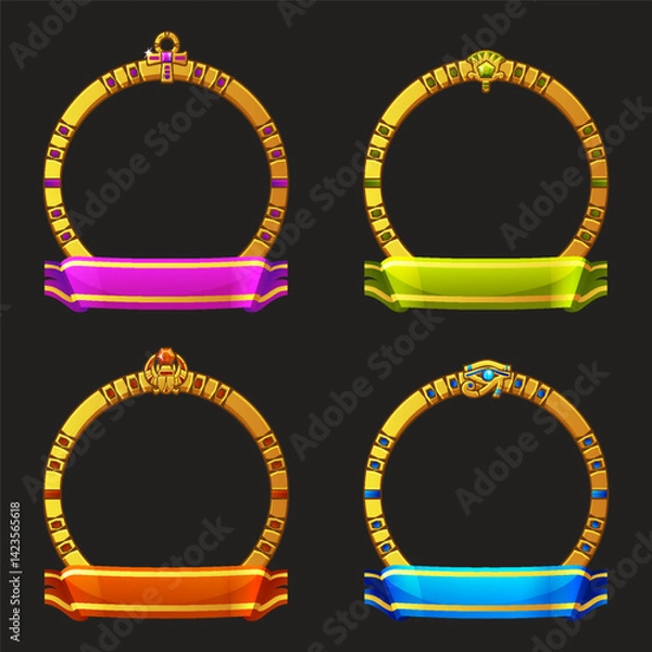 Fototapeta Round Frames in Egyptian themed with symbols - scarab, Ankh cross, lotus and Horus eye and colored ribbons. Avatar frames for game or App icons
