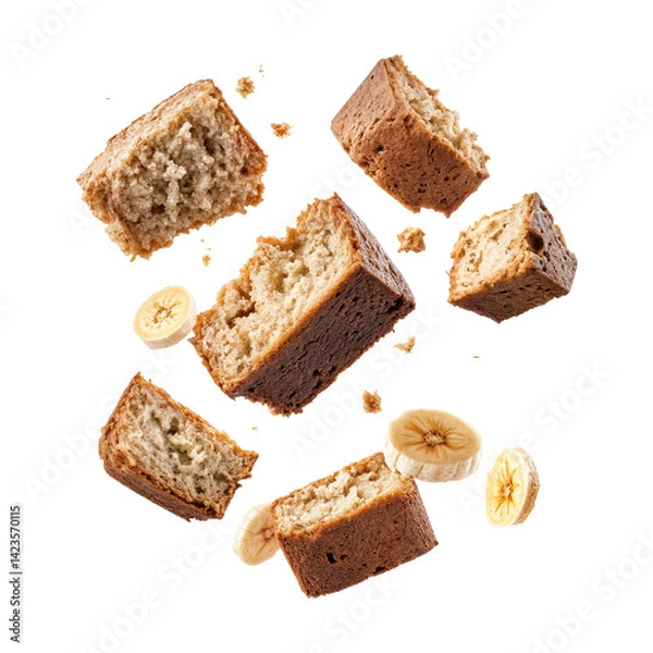 Fototapeta Fresh banana bread slices with banana chips and crumbs falling isolated on transparent background