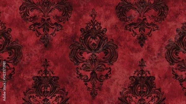 Fototapeta Crimson damask background with Renaissance patterns and glowing light