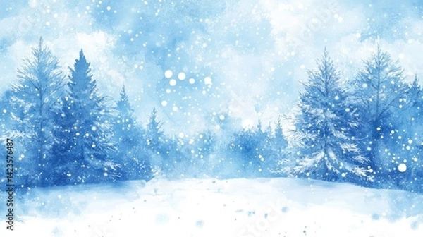 Fototapeta Abstract blue winter watercolor background with snow