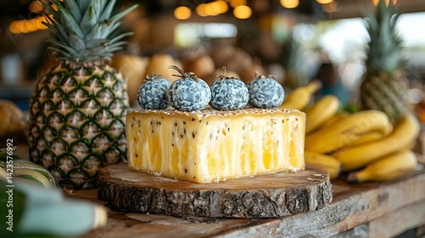 Fototapeta A vibrant display of tropical fruits and a creatively designed cake centerpiece in a lively market