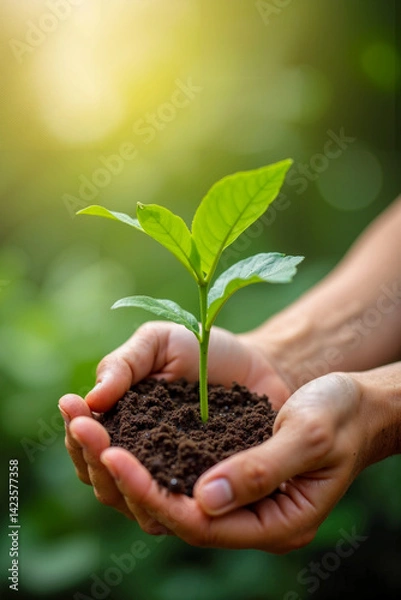 Fototapeta Person Holding a Small Plant with Soil in Their Hands