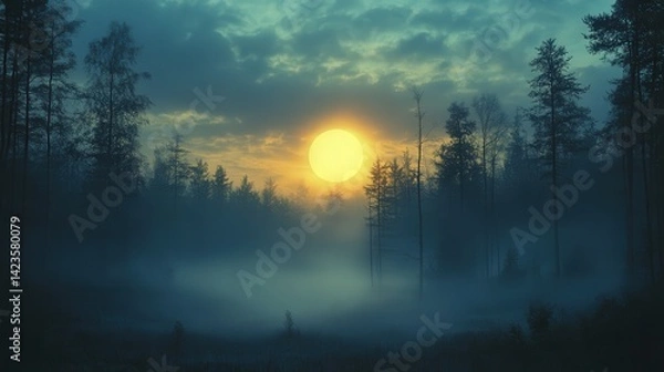Fototapeta Golden sunrise over a misty forest.