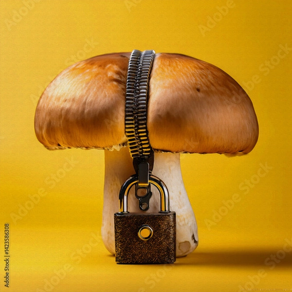 Obraz oil painting style big large mushroom with zipper with a padlock in yellow background illustration