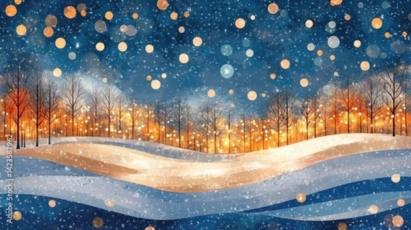 Fototapeta Abstract winter landscape with snow and golden bokeh lights
