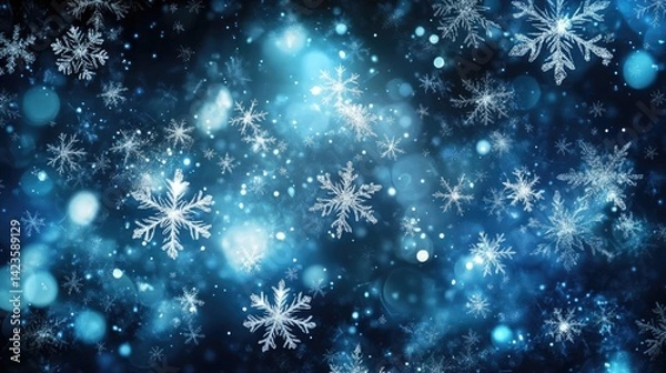 Fototapeta Abstract winter wallpaper with snowflakes and glowing elements