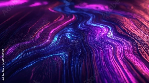 Fototapeta Wood-textured synthwave wallpaper with fuchsia and cyan glow