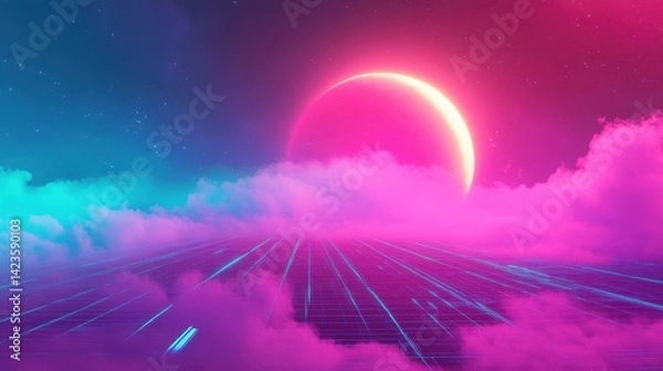 Fototapeta Fluid synthwave gradient with neon misty glow